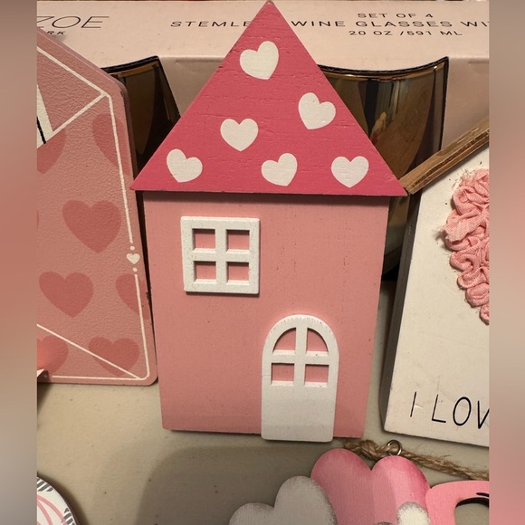 5pc “Love” Wall Decor Set - Pink and White Wood/Chipboard Hangings - Picture 3 of 7